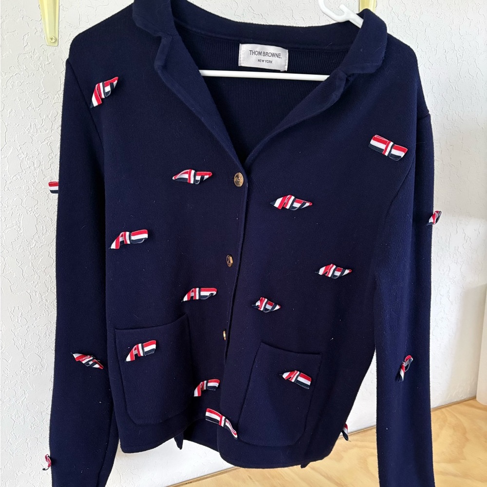 Thom Browne Navy Cardigan with Red, White & Blue Ribbon Tabs
